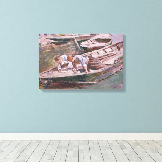 Two Boys in a Boat (door Theodore Robinson) Canvas Afdruk (Insitu (Houten vloer))