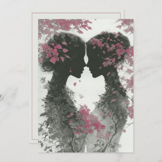 Two Brides Hand Drawn Pencil Pink Black Kaart (Voorkant / Achterkant)