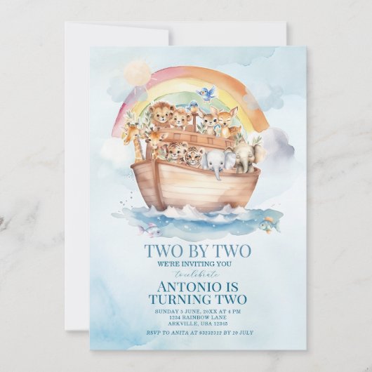 Two By Two Noah's Ark Blauwe Waterverf 2e verjaard Kaart (Voorkant)
