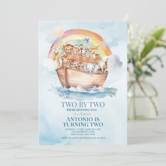 Two By Two Noah's Ark Blauwe Waterverf 2e verjaard Kaart (Staand voorkant)