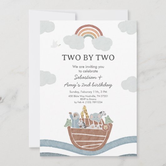 Two by Two Noahs Ark Twin Birthday Kaart (Voorkant)