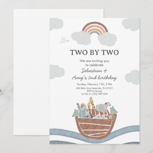 Two by Two Noahs Ark Twin Birthday Kaart (Voorkant / Achterkant)
