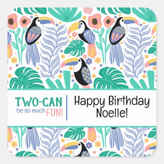 Two-can (Toucan) Tropische Verjaardag Vierkante Sticker (Voorkant)