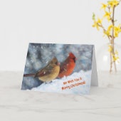 Two Cardinal Birds Couple Cute Christmas Card Kaart (Gele Bloem)