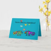 Two Cartoon Chameleon Blue Valentine Card Kaart (Gele Bloem)