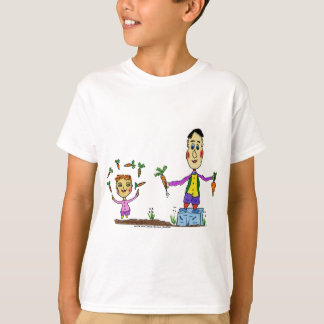 Two cartoon characters juggling carrots. t-shirt