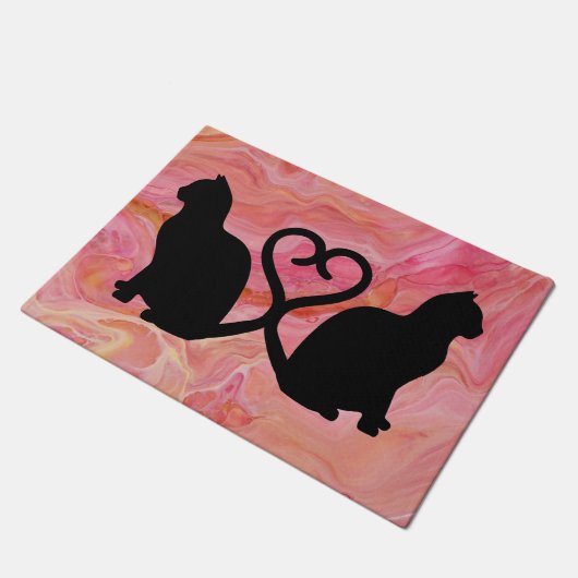 Two Cats Heart Tails on Pink Marble Deurmat (Schuin)