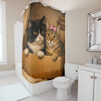 Two Cats in a Cardboard Box – Cozy Shower Curtain Douchegordijn