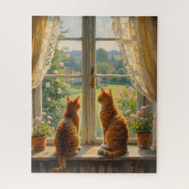 Two Cats sitting in a bay window seat Legpuzzel