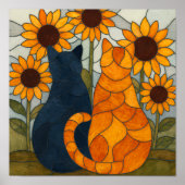 Two Cats with Sunflowers Stained Glass Pattern Poster (Voorkant)