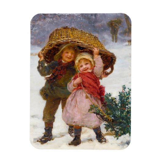 Two children in the snow by Frederick Morgan Magneet (Verticaal)