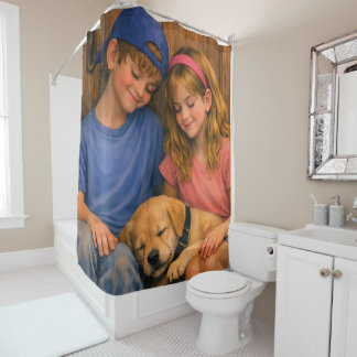Two Children with Sleeping Puppy Shower Curtain Douchegordijn