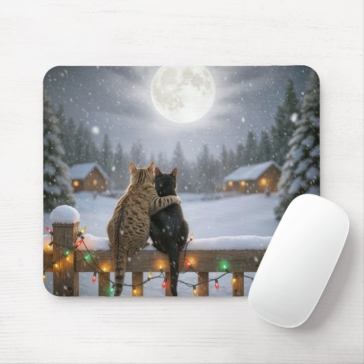 Two Christmas Cats Snuggling on a Snowy Fence Muismat (Met muis)
