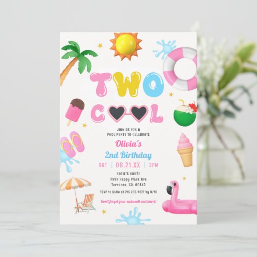 Two Cool Summer Pool Party Meisje 2de Verjaardag  Kaart (Staand voorkant)
