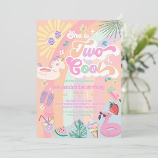 Two Cool Summer Rainbow Sun 2nd Birthday  Kaart (Staand voorkant)