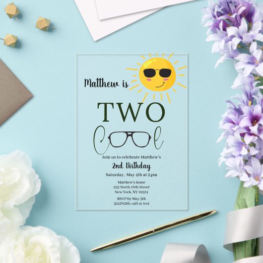 Two Cool Sunglass 2nd Birthday Simple Acryl Uitnodigingen (Insitu (Huwelijk))
