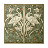Two Cranes Art Nouveau Pat#10 Olive Ivory ID1193 Tegeltje (Voorkant)