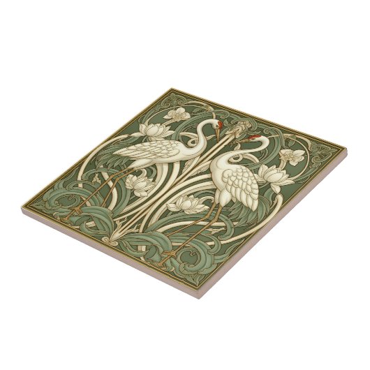 Two Cranes Art Nouveau Pat#10 Olive Ivory ID1193 Tegeltje (Zijkant)