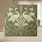 Two Cranes Art Nouveau Pat#10 Olive Ivory ID1193 Tegeltje