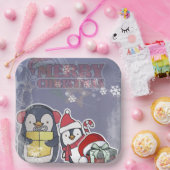 Two Cue cartoon Penguins ready for Christmas Papieren Bordje (Feest)