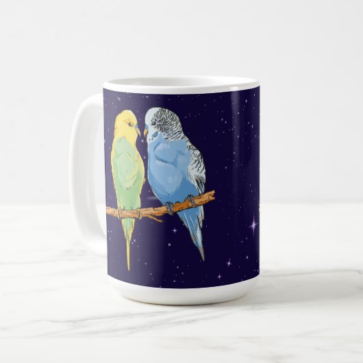 Two cute blue and green Budgie Koffiemok (Voorkant links)