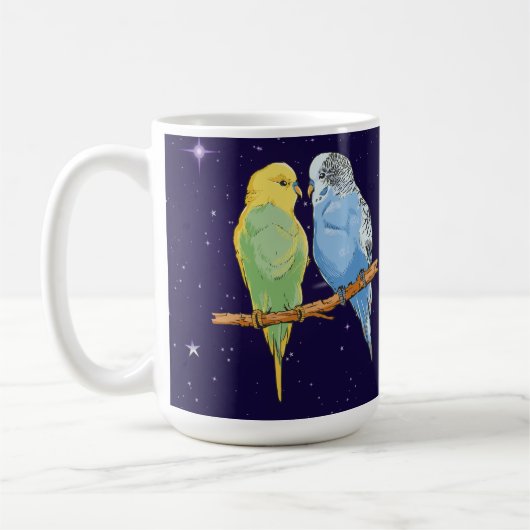 Two cute blue and green Budgie Koffiemok (Links)