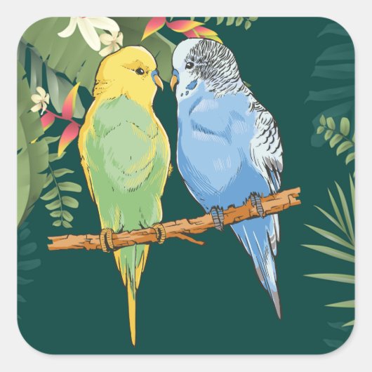 Two cute blue and green Budgies Vierkante Sticker (Voorkant)