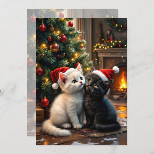Two cute Christmas kitten with Santa hats Feestdagenkaart (Voorkant / Achterkant)