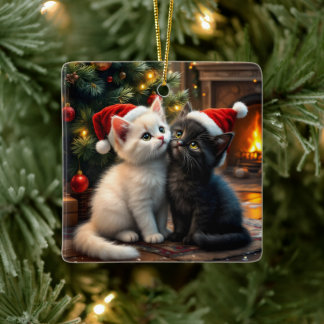 Two cute Christmas kitten with Santa hats Keramisch Ornament