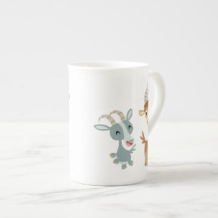 Two Cute Happy Cartoon Goats Bone China Mok