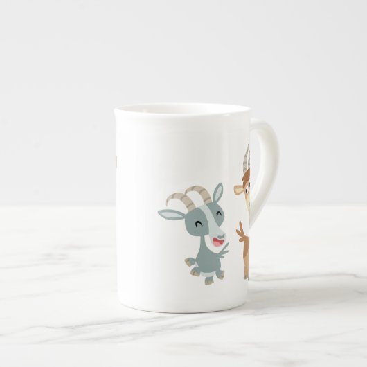 Two Cute Happy Cartoon Goats Bone China Mok (Voorkant rechts)