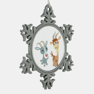 Two Cute Happy Cartoon Goats Pewter Ornament
