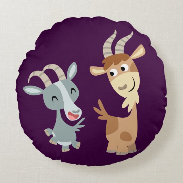 Two Cute Happy Cartoon Goats Round Pillow Rond Kussen (Voorkant)