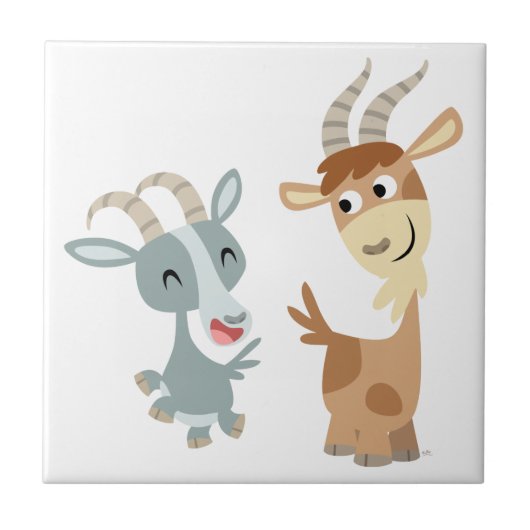 Two Cute Happy Cartoon Goats Tile Tegeltje (Voorkant)