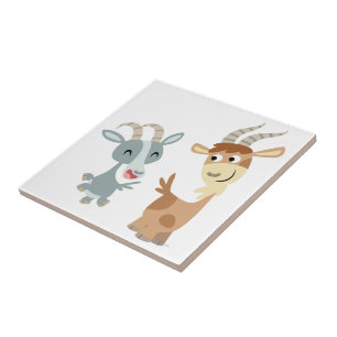 Two Cute Happy Cartoon Goats Tile Tegeltje