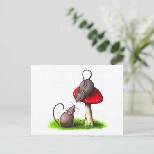 Two Cute Little Mice and a Toadstool: Artwork Briefkaart (Staand voorkant)