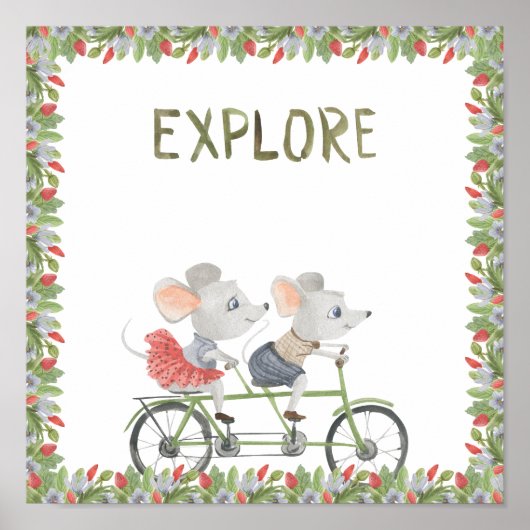 Two Cute Mice On A Bike Explore Text Poster (Voorkant)