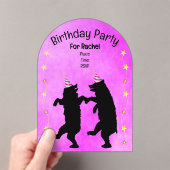 Two Dancing Black Bears Party Hats Gold Stars Pink Acryl Uitnodigingen (Insitu (Draagbaar))