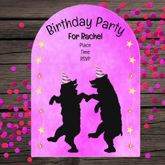 Two Dancing Black Bears Party Hats Gold Stars Pink Acryl Uitnodigingen