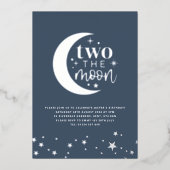 Two De Maan Blauw Marine Verjaardag Zilver Folie Uitnodiging (Voorkant)