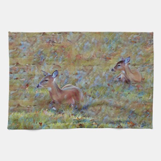 Two Deer Baby Deer Resting Meadow Art Handdoek (Horizontaal)