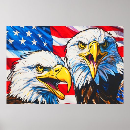 Two Eagles Talking - Amerikaanse vlag en kale adel Poster (Voorkant)