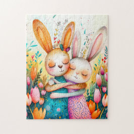 Two Easter Bunnies in Tulip Field Legpuzzel