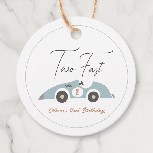 Two Fast Blue Race Car Boy 2nd Birthday Bedankjes Labels (Voorkant)