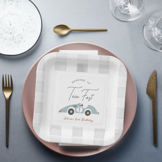 Two Fast Blue Race Car Boy 2nd Birthday Papieren Bordje