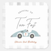 Two Fast Blue Race Car Boy 2nd Birthday Vierkante Sticker (Voorkant)