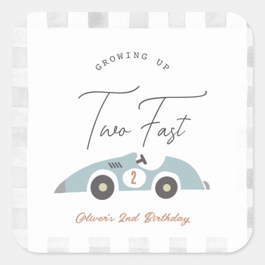 Two Fast Blue Race Car Boy 2nd Birthday Vierkante Sticker (Voorkant)