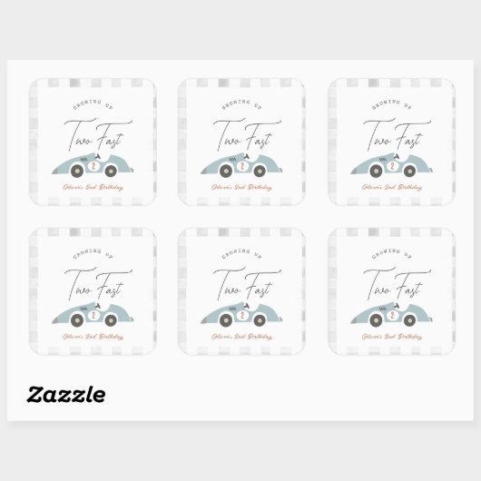 Two Fast Blue Race Car Boy 2nd Birthday Vierkante Sticker (Vel)