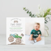 Two Fast Green Monster Truck Birthday Photo Kaart (Staand voorkant)