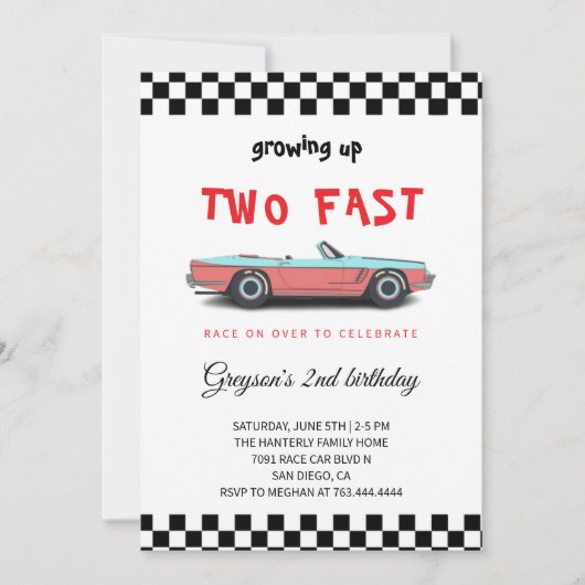 "Two Fast! Race Car 2de verjaardagsfeest uitnodigi Kaart (Voorkant)